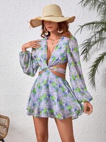 SHEIN VCAY Rompers Con Estampado Floral Tejido, Enlace Frontal Y Espalda Recortada - Morado - Ver 6