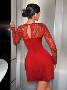 SHEIN SXY 女士性感情人節心形領蕾絲拼接約會裙 - 紅色 - 查看 2