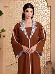 Al Najma Hình học In Tay áo dài Đầm Với Bộ đồ Vòng cổ - Cà phê nâu - Xem 3