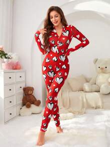 Mono de pijama minimalista y cómodo con estampado de corazón rojo para mujer, nuevo diseño para el Día de San Valentín