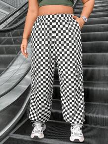 Flirla Women's Plus Size Checkerboard Cargo Pants - Black and White - View 4