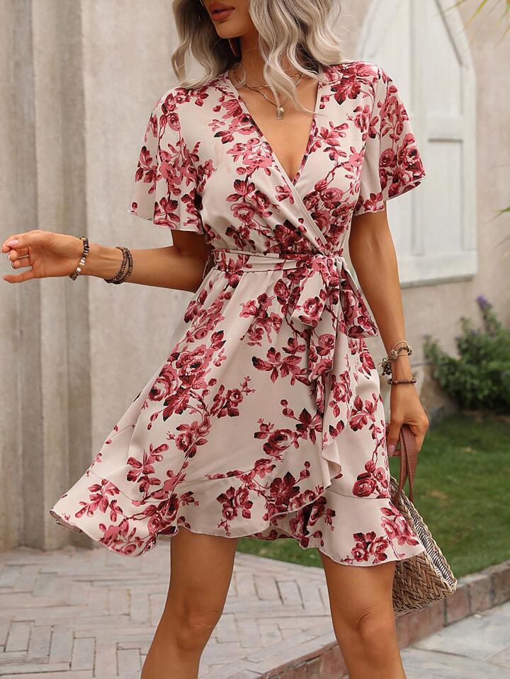ワンピース Floral Sling Princess Sleeve Dress Floral Sweetheart Neck Flounce Sleeve Mini Dress – Fashion