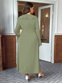 SHEIN Clasi Plus Size V-Neck Ruffle Trimmed High Slit Dress - Green - View 2