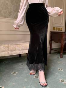 DAZY 女士撞色蕾丝美人鱼半身裙 新年舞会裙 秋冬款 - 黑色 - 查看 3