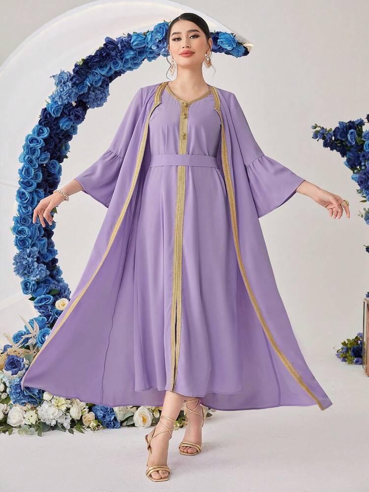 Ladies' Contrast Color V-Neck Sleeveless Dress With Bell Sleeve Coat Kaftan Set 2pcs/Set 2 Piece Set