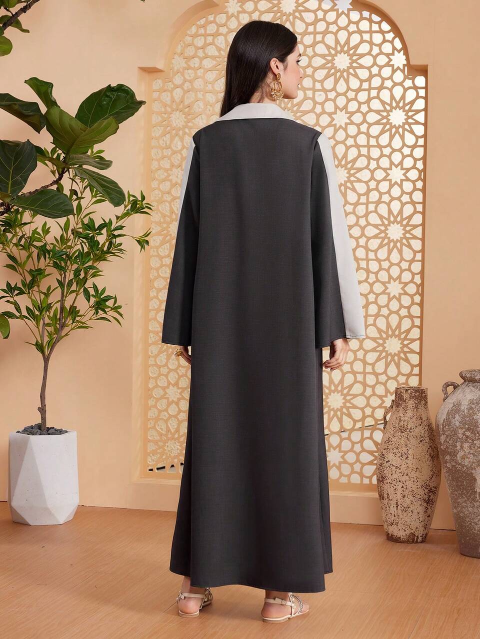 Color Block Floral Applique Long Shirt With Blazer Collar Kaftan Jalabiya Dress