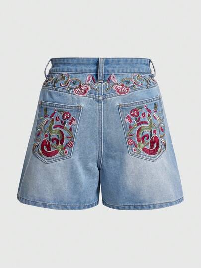 Hippie Toman Damen Bestickter Denim Shorts, Schule