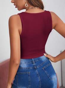 SHEIN BAE Camiseta Sin Mangas Asimétrica Con Dobladillo Para Mujeres En Color Sólido - Granate - Ver 2