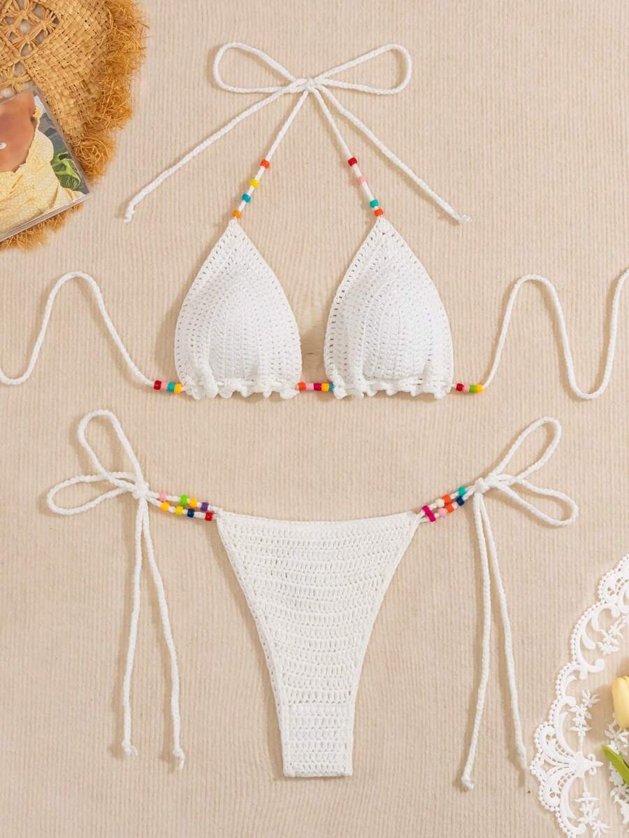 Swim Mod Summer Beach Women's Beaded Halter Neck Cover Up Top Wedding