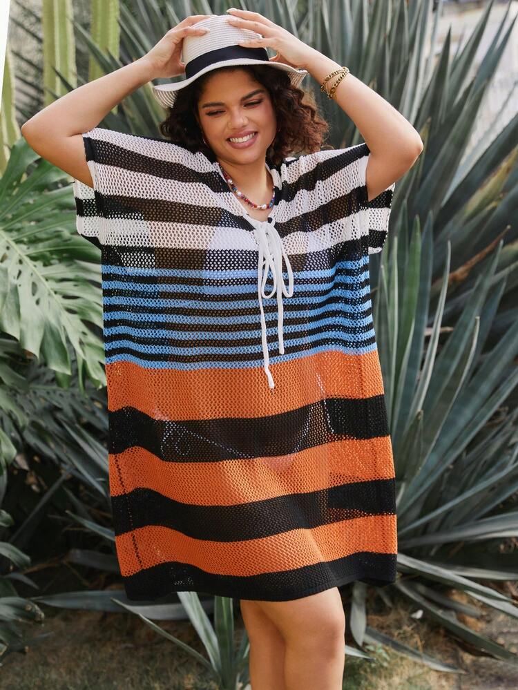 Plus Size Colorblock Stripe Knitted Dress With Criss-Cross Straps