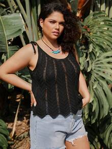 SHEIN Holidaya Kích thước lớn Của phụ nữ Xu hướng: Cắt giảm Không tay Dệt kim Áo - màu đen - Xem 3