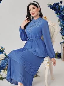 Modelyn Solid Color Stand Collar Lantern Sleeve Dress Fall Cloth For Women - Blue - View 6