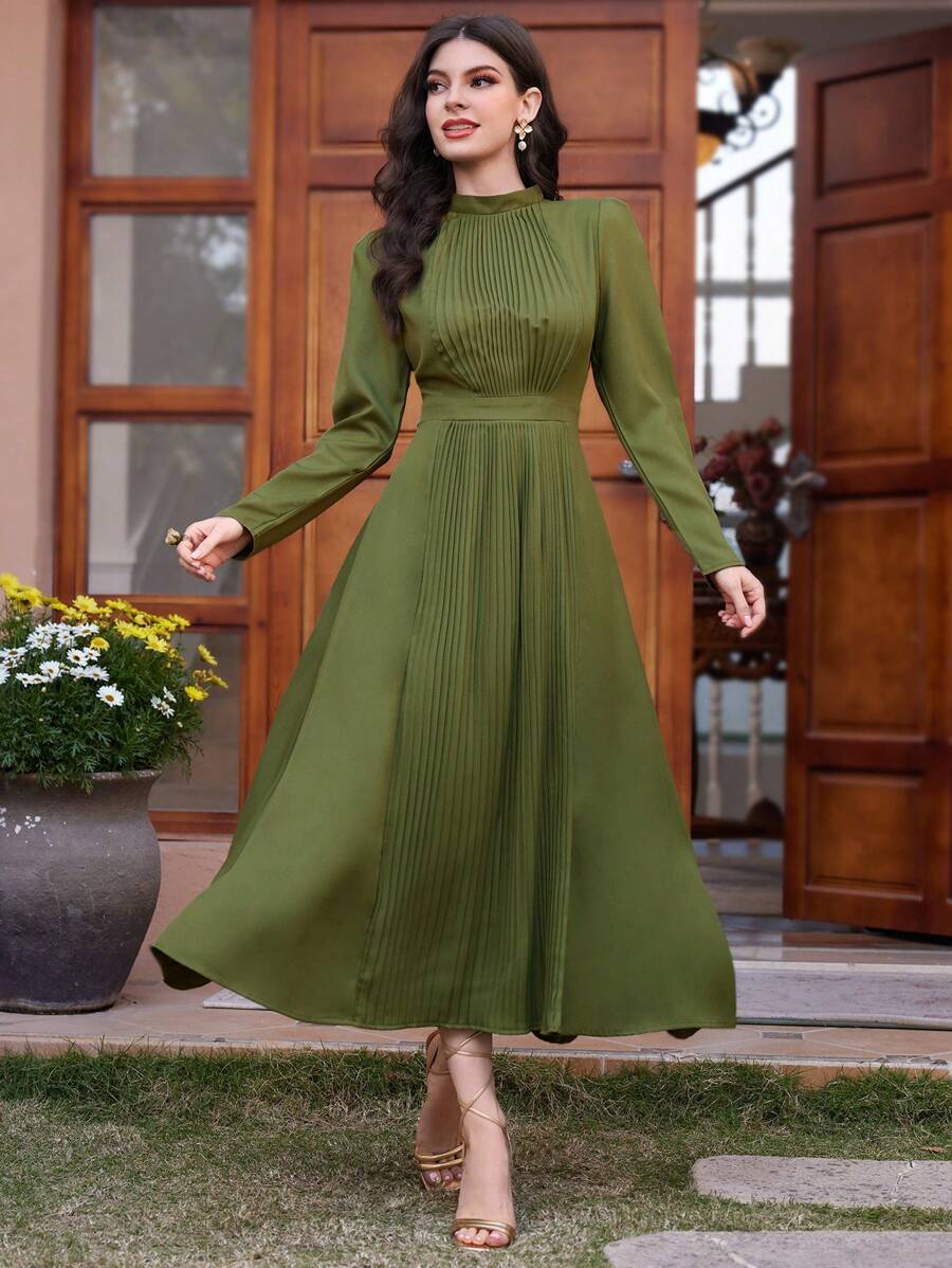 Modelyn 女士立領長袖連衣裙 - 綠色 - 查看 1