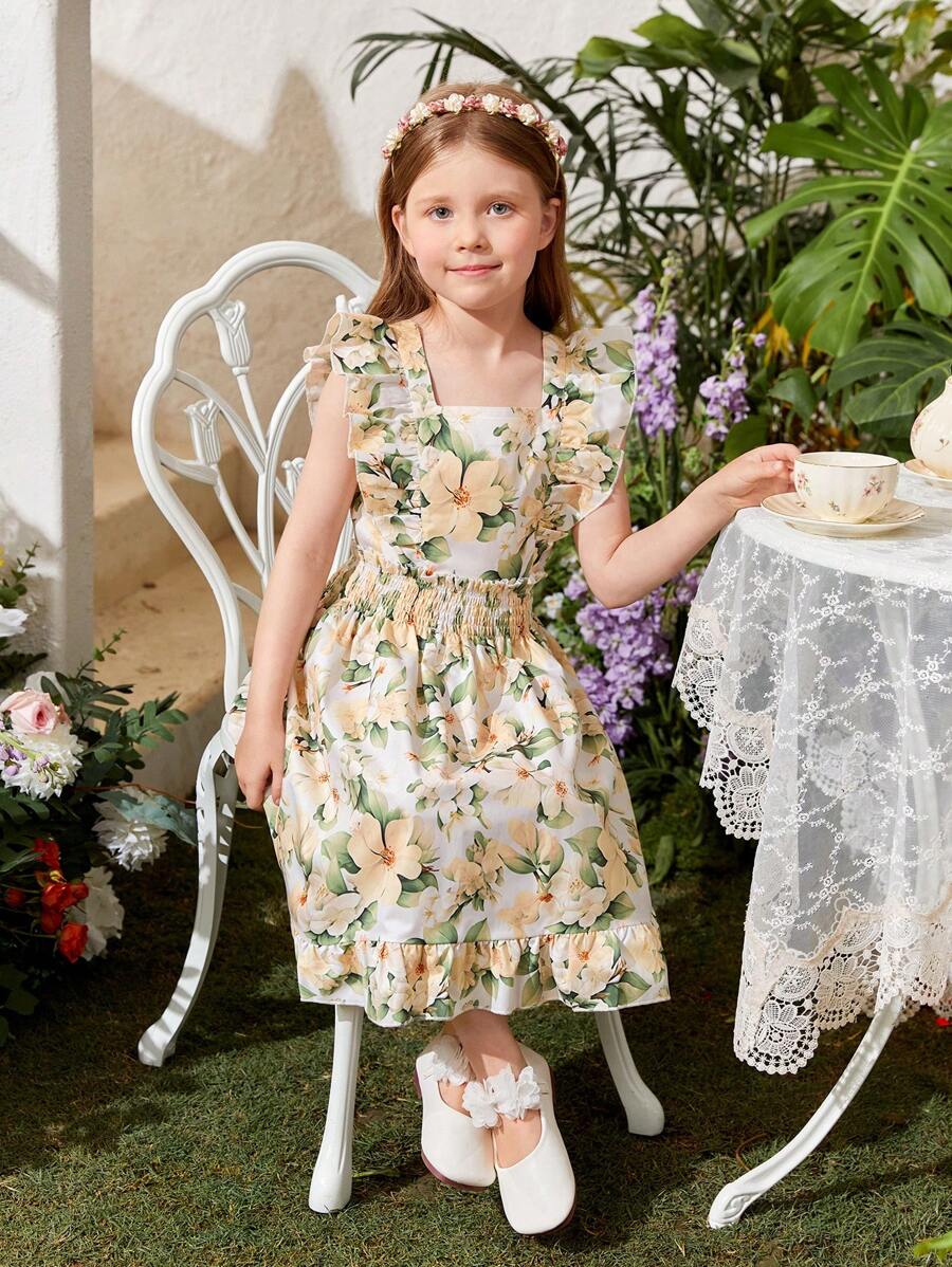 SHEIN Young Girl Holiday Big Floral Print Shirred Top & Ruffle Hem Skirt Set - Multicolor - View 1