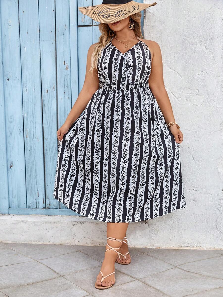 SHEIN VCAY Plus Size Summer Holiday Black & White Floral Striped & Printed Halter Beach Dress
