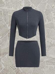 SHEIN EZwear Zipper Front T-shirt And Skirt Set