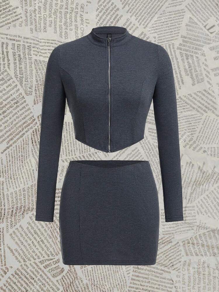 Zipper Front T-shirt And Skirt Set