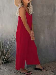 Plus Size Women's Solid Color Casual Cami Jumpsuit - Burgundy - View 3