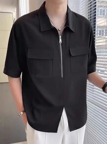 Claim Dot 男士拉鍊半扣短袖襯衫，寬鬆V領純黑外出休閒襯衫 - 黑色 - 查看 1