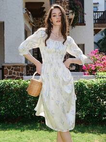 Women's Floral Print Frill Trim Front Tie Midi Dress - Blue - View 6