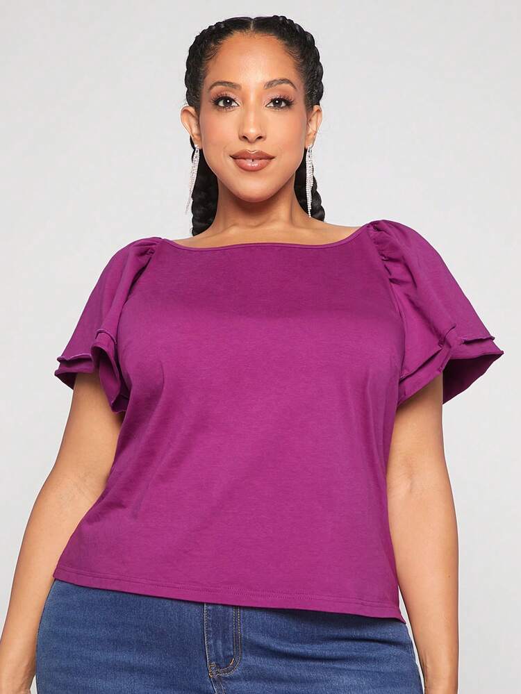 Plus Size Women's Solid Color Ruffled Short Sleeve T-Shirt