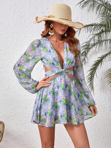 SHEIN VCAY Rompers Con Estampado Floral Tejido, Enlace Frontal Y Espalda Recortada - Morado - Ver 5