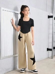 Cô gái Tween Dệt kim Màu thuần Cổ vuông Ngắn tay Áo Và Dệt kim Quần thể thao Bộ , Thể thao Phong cách đường phố - Màu be - Xem 3