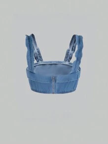 Teen Girls' Denim Jacket With Ruffle Design, Fashionable And Washed - Medium Wash - View 2