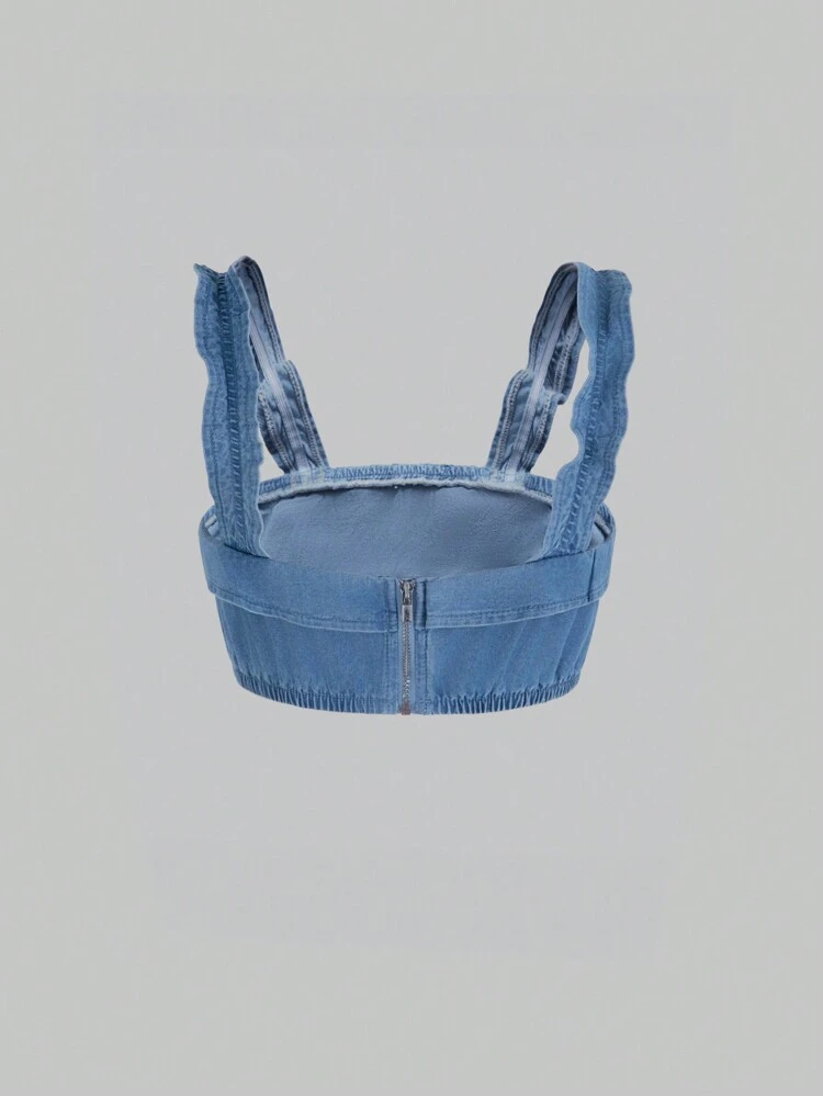 Teen Girls' Denim Jacket With Ruffle Design, Fashionable And Washed