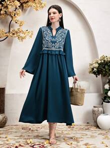 Al Najma Embroidered Long Dress With Notched V-Neck Fall Cloth For Women - Green - View 6