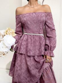 Modelyn Của phụ nữ Off Shoulder Nhiều lớp Tay áo xù Nhiều lớp Đầm - Màu tím - Xem 5