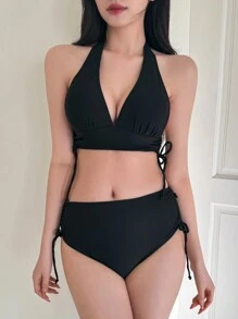 DAZY Ladies' Solid Color Halter Neck Bikini Set Summer Beach,Tankini Bathing Suit Vacation - Black - View 1