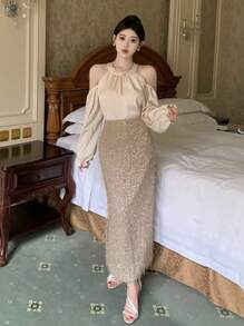 DAZY 女士闪亮舞会裙 - 卡其色 - 查看 3