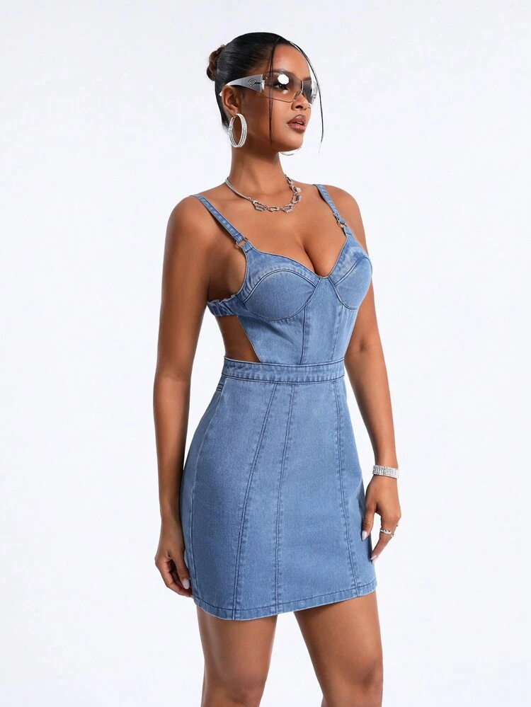 Women's Denim Backless Spaghetti Strap Dress