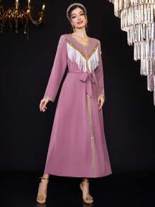Al Najma Women's Long Sleeve Tassel Patchwork Arabian Style Dress - Pink - View 6