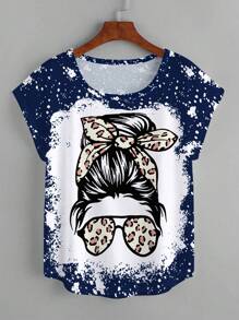 SHEIN LUNE Women's Leopard Character Printed Round Neck T-Shirt - Multicolor - View 1