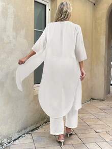 Bộ áo len cardigan tay 3/4 màu trơn và quần dài hai mảnh cho nữ - trắng - Xem 2