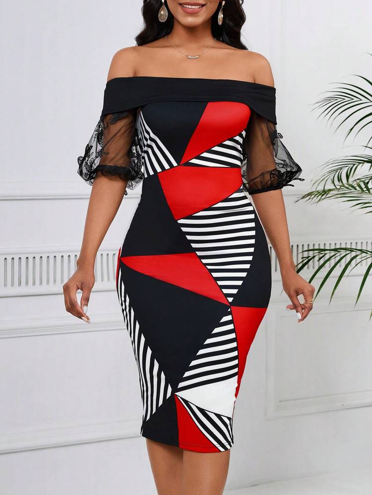 Women's Geometric Print Bodycon Dress With Sheer Mesh Short Sleeves
