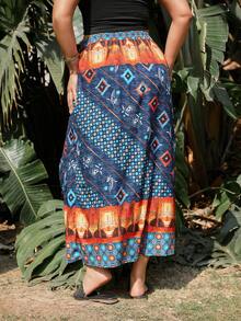 SHEIN LUNE Kích thước lớn Của phụ nữ Hình học In Bên Khe Viền không đối xứng Váy - Nhiều màu - Xem 2