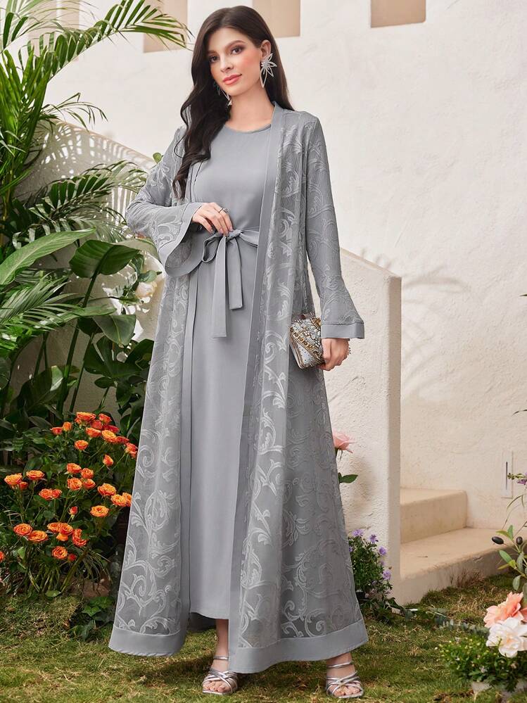 Al Najma 女士喇叭袖长袍、阿巴雅长袍和长袖端庄阿拉伯连衣裙套装 - 灰色 - 查看 3