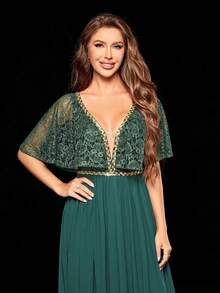 V-Neck Perspective Lace Shawl & Chiffon Splice Dress With Flounce Hem - Dark Green - View 5