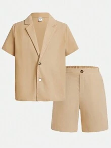 男童寬鬆披肩領短袖梭織西裝外套與短褲套裝 - 卡其色 - 查看 1