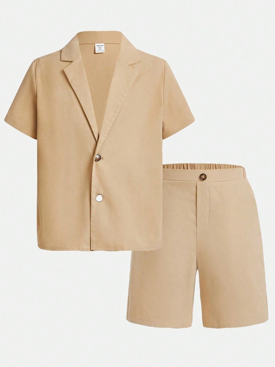 男童寬鬆披肩領短袖梭織西裝外套與短褲套裝 - 卡其色 - 查看 1