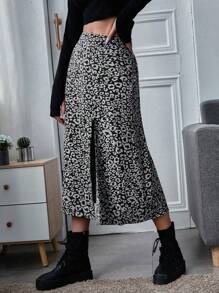 Leopard Print Split Thigh Skirt - Black and White - View 4