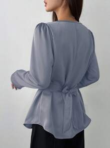 DAZY Của phụ nữ Màu thuần Tay áo dài Áo sơ mi Với Áo cổ bò - Màu xanh lam - Xem 5