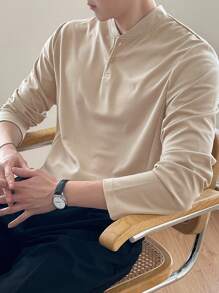 DAZY Men Solid Half Button Tee - Khaki - View 6