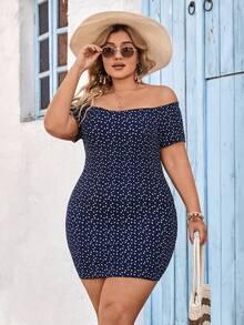 SHEIN VCAY Kích thước lớn Chấm bi Tim In Off Shoulder Váy bodycon - Màu xanh hải quân - Xem 4