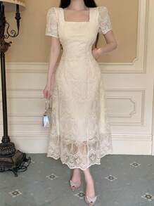 DAZY Damen einfarbiges Spitzenkleid mit kurzen Ärmeln, Geburtstag, Silvester, Sommer Sommerkleid, Abschlussball Kleid, elegante Damenkleider - Beige - Übersicht 6