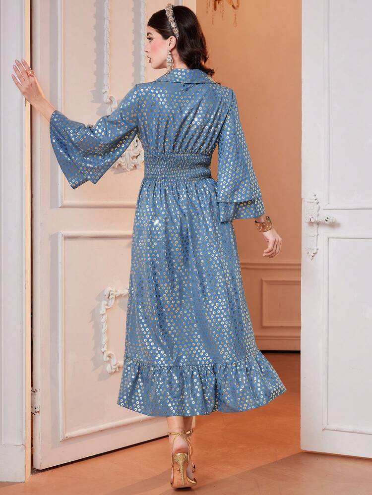 Women's Arabian Style Solid Color Shawl Collar Shirred Dress Long Evening Dresses