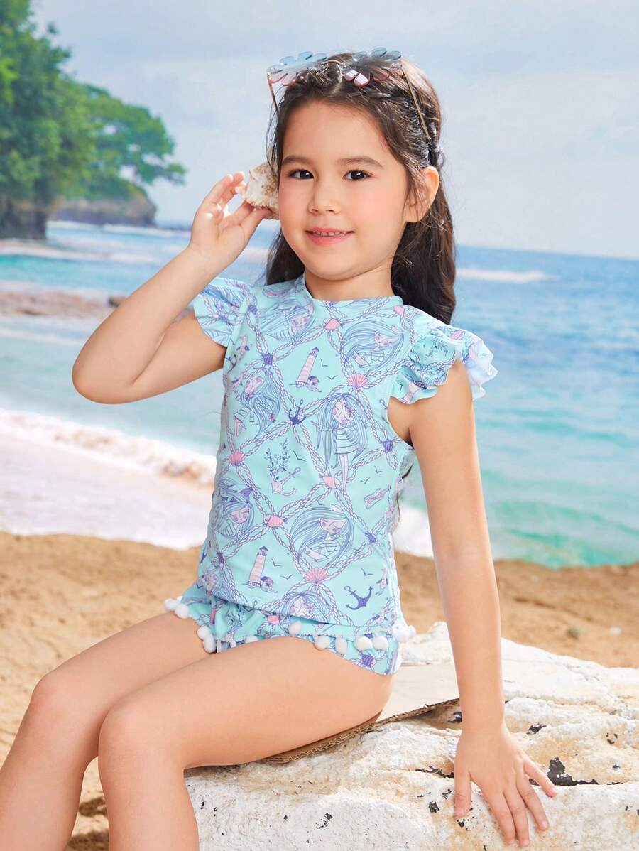 女童盖袖比基尼，热带花卉图案泳衣，春/夏 - 淺藍色 - 查看 1